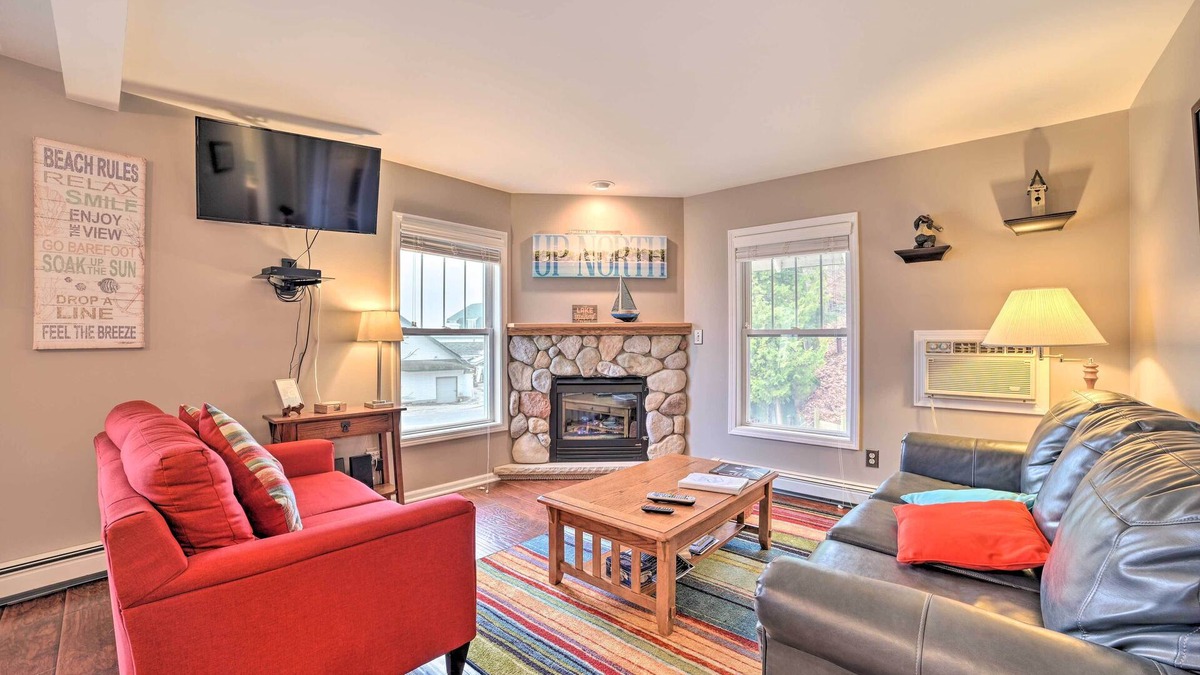 Onekama Condo | Portage Lake Condo w/Deck & Pool Access!