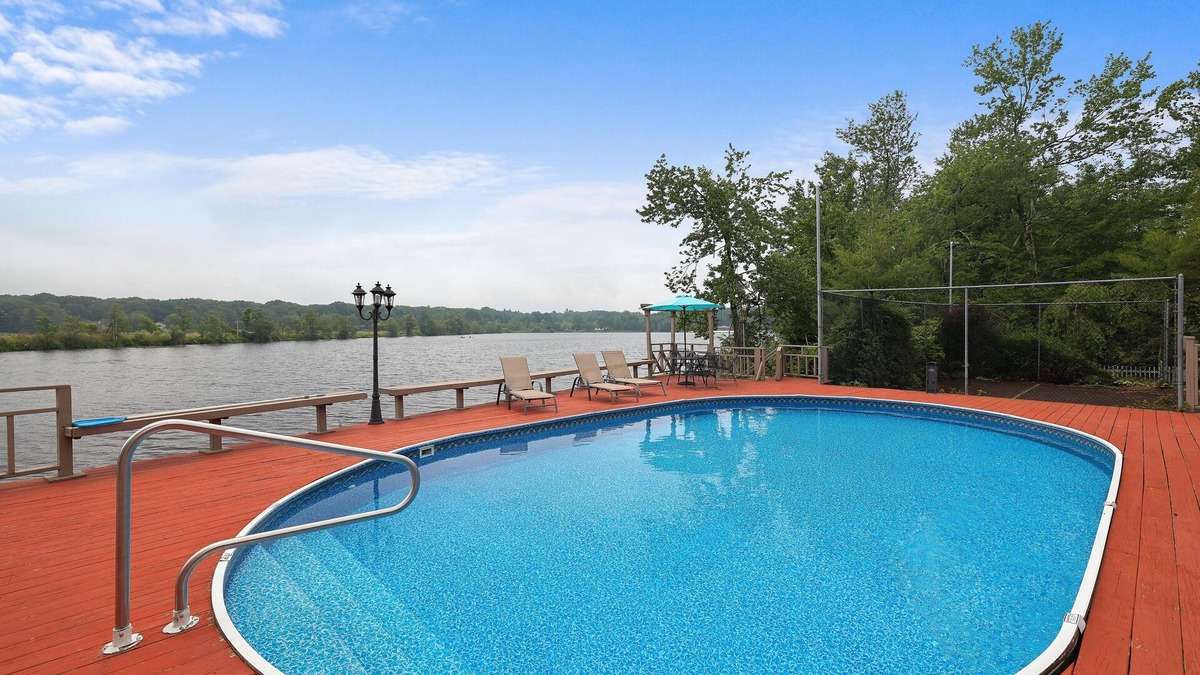 Pocono Summit House | PRIVATE POOL! Pocono Lakefront with dock, hot tub, private tennis court