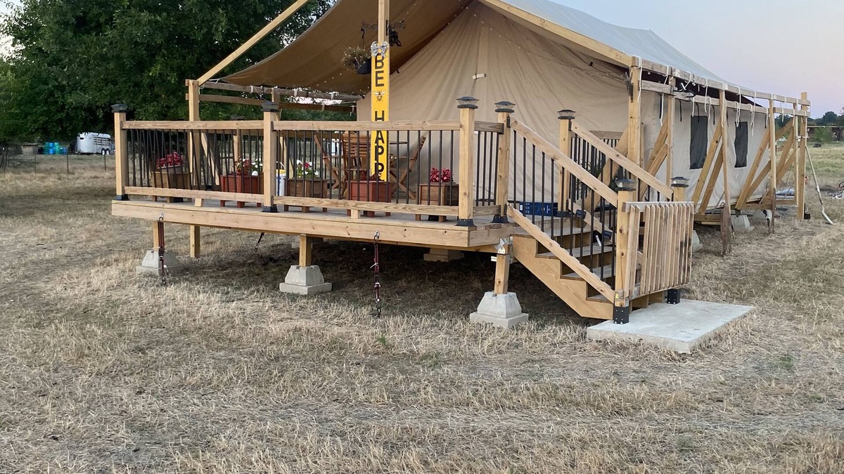 Miller Grove RV Rental | Private safari tent with ac/heat, Wifi and an exceptional view off a large deck.
