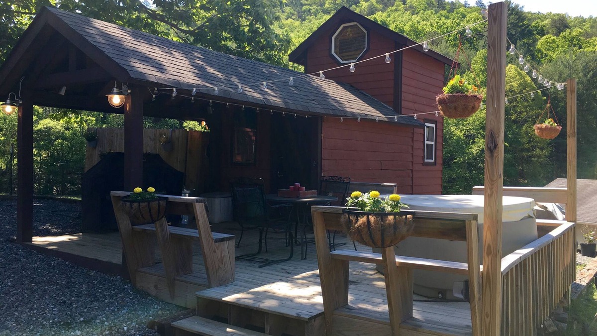 Clayton House | Red Tiny House In The Mountains - waterfall, jacuzzi and stunning farm views