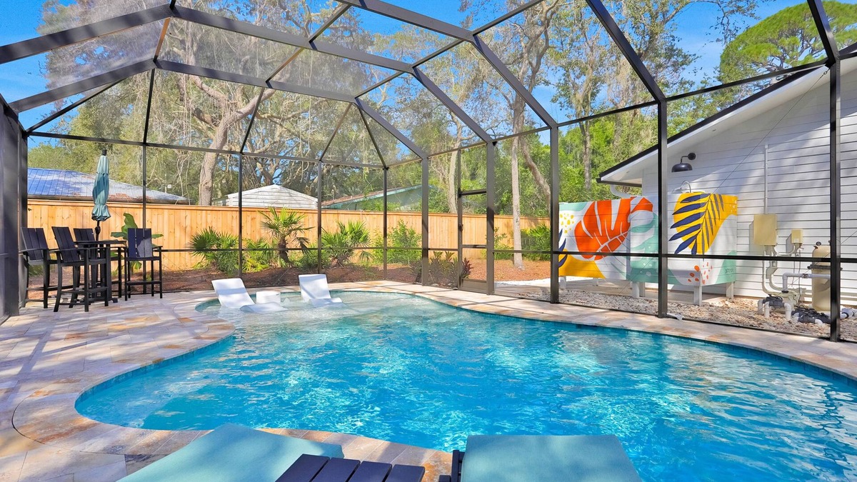 St. Augustine South House | Renovated home with private pool, patio, outdoor fireplace, & grill