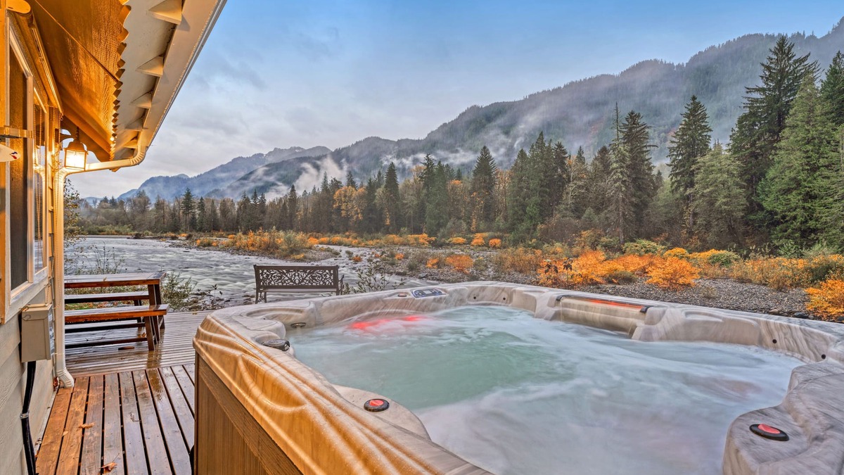 Gold Bar Cabin | Riverfront Mountain Home w/Private Hot Tub, Upgraded Kitchen, and Large Deck
