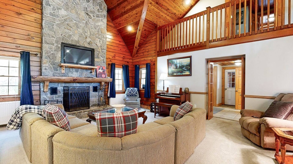 Cavendish Cabin | Riverfront mountain view house w/fireplace, firepit, decks, w/d, wifi, yard