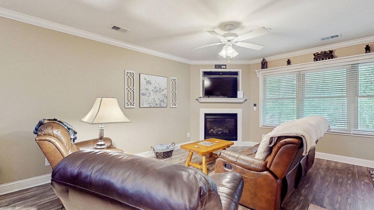 Helen Condo | Riverfront oasis with dual suites, 3 fireplaces, central AC, & walkable locale