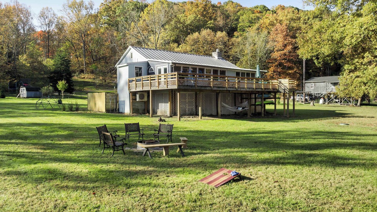 Hedgesville Cabin | Riverfront w Deck, Grill, Fire pit & Climbing Wall