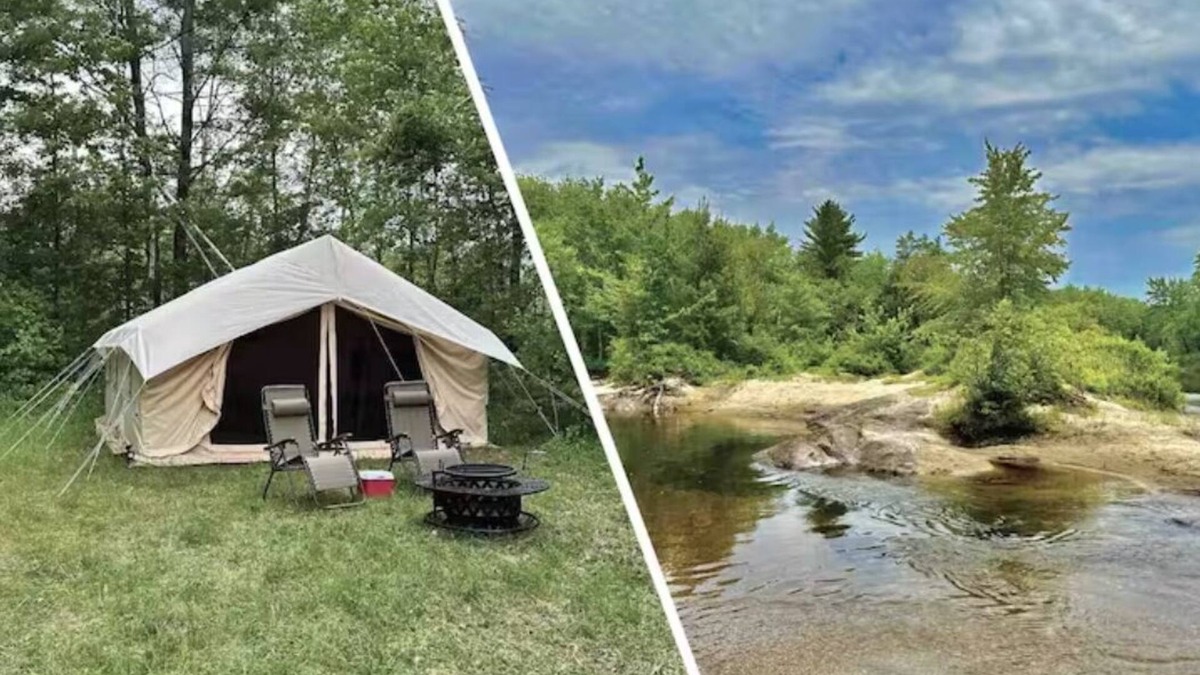 North Hudson RV Rental | Safari Tent nestled in the woods on the Schroon River with beach and island!