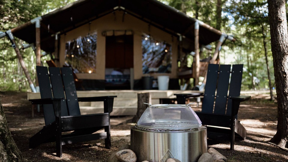 Grafton County RV Rental | Safari Tent Site 5 | 1 King Bed | Pond View