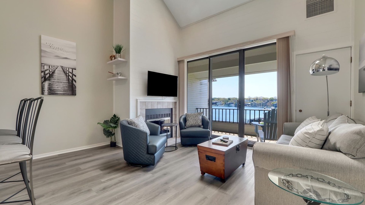 Charlevoix Condo | Scenic 2BR with Vaulted Ceilings | Downtown Charlevoix | Pool, Hot Tub, Sauna