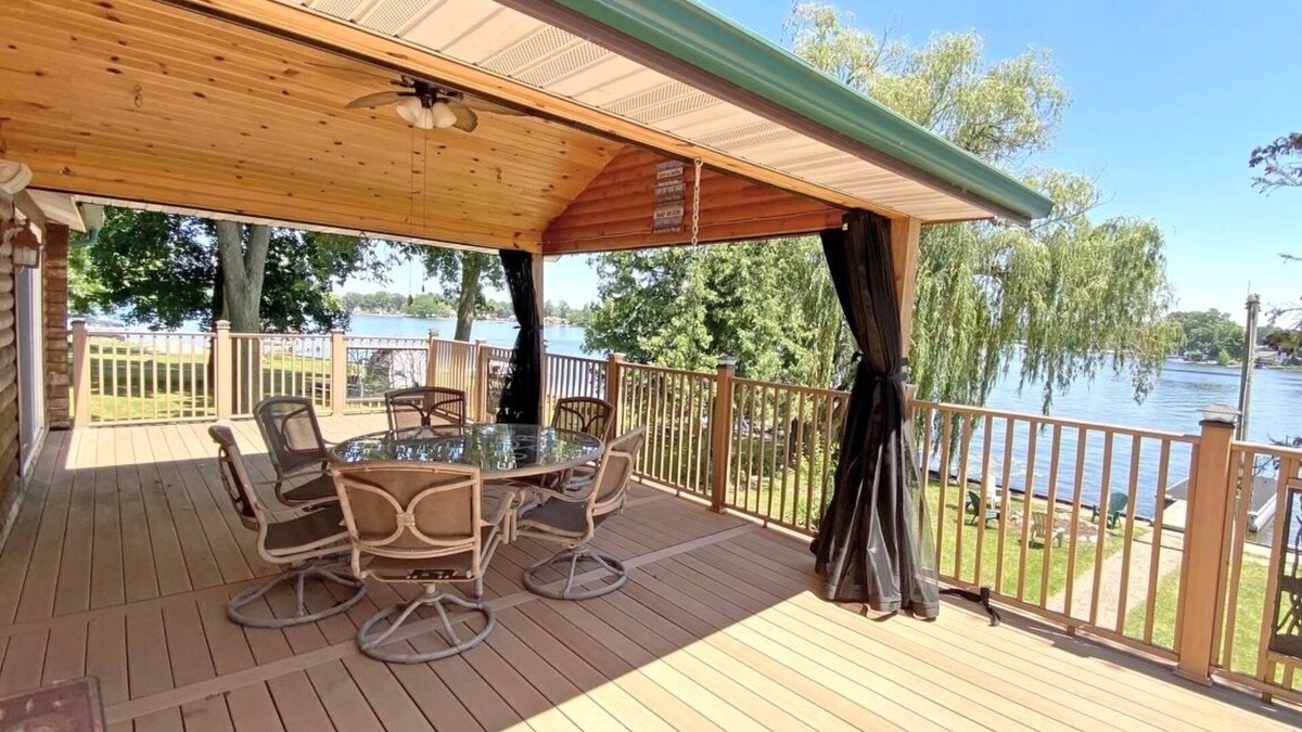 Burr Oak Cabin | Secluded SW Michigan Lake View Log Cabin w/Fire Pit & Deck on Long Lake