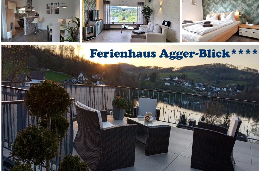 Gummersbach House | Seeblick-Ferienwohnung im "Ferienhaus Agger-Blick" mit traumhafter Sonnen-Terrasse, Sauna, E-Kamin & Kajak