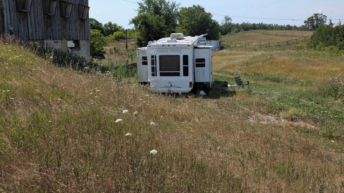 Asphodel-Norwood House | Serenity Lane Farm Stay: a trailer next to a barn full of farm animals