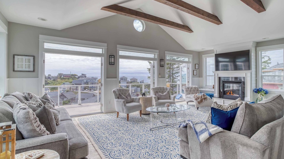 Nelscott House | Sky-High Ocean View Home in Olivia Beach has Double Decks, Hot Tub, King Suite!