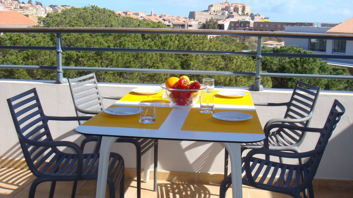 Calvi Apartment | Spacious air-conditioned 2-room apartment, large terrace overlooking wooded park with swimming pool