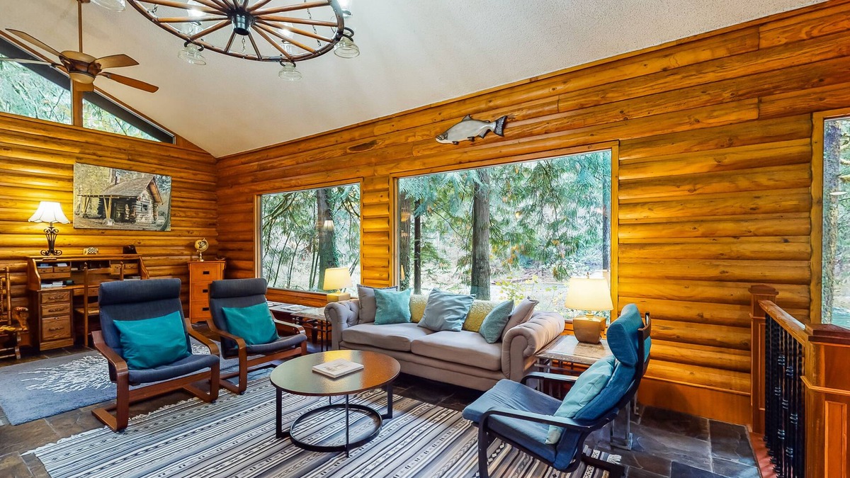 Washougal Cabin | Spacious riverfront lodge with beach access, private hot tub & forest views