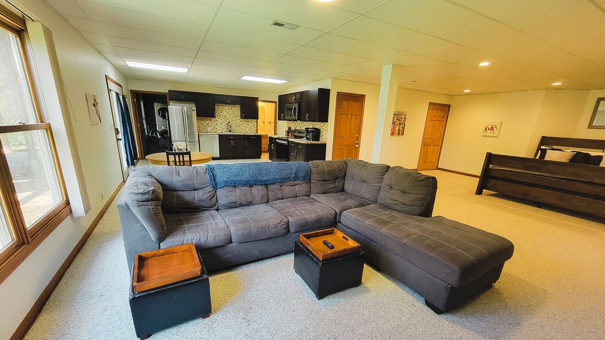 Montgomery Apartment | Spacious walkout by Fox River Trail 75" TV & Fast Internet