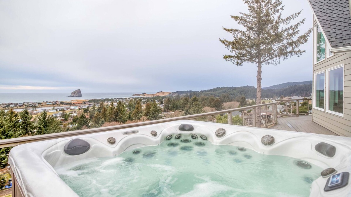 Pacific City House | Stellar Home with Panoramic Ocean Views, Two Decks, Hot Tub, Oceanview Firepit!