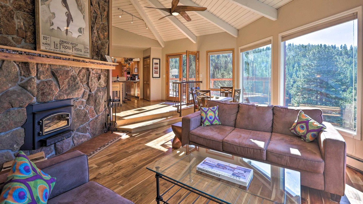 Evergreen House | Unique Evergreen Cabin w/ 2 Decks & Mountain Views