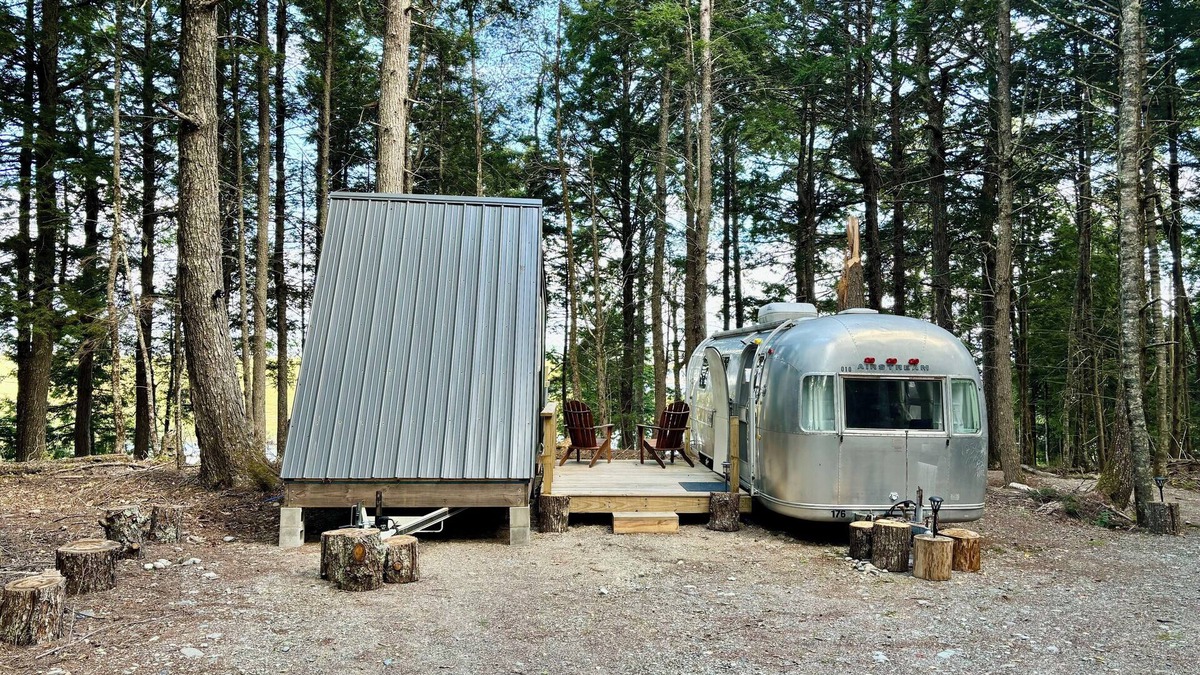 Mariaville Cabin | Vintage Downeast Airstream + Tiny House A-Frame Cabin near Acadia, Fabulous View