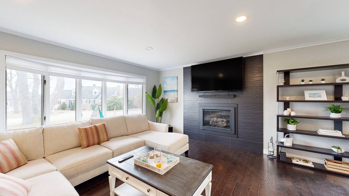 East Falmouth House | Waterfront home with firepit, grill, open layout, smart TVs, deck, W/D, & AC