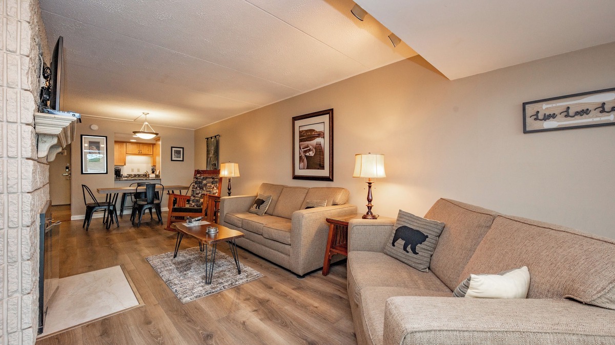 Thayerville Condo | Will O' The Wisp 104B: Lakefront One Bedroom Condo with 2 Fireplaces & Flat Scre