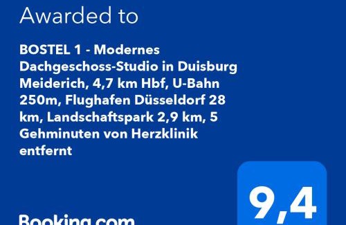Mittelmeiderich Apartment | BOSTEL 1 - Modernes Dachgeschoss-Studio in Duisburg Meiderich, 4,7 km Hbf, U-Bahn 250m, Flughafen Düsseldorf 28 km, Landschaftspark 2,9 km