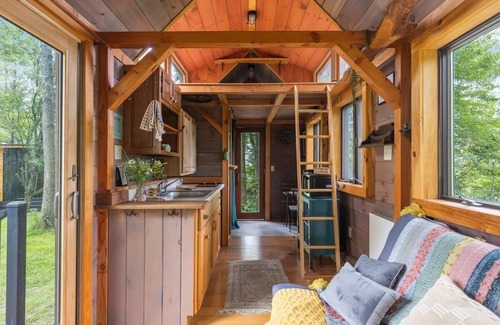Johnson House | Caboose Tiny Home on river with hot tub near Stowe