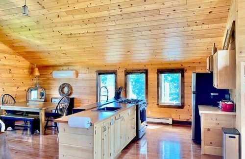 Britt Cottage | Cathedral pine cabin on the river, Open concept