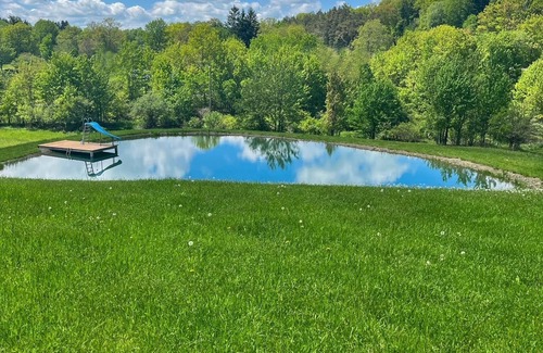 Scio Cabin | Cozy Cabin with Swimming Pond and Patio for gatherings