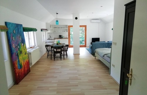 Mihald Apartment | Helles Studioapartment mit Südbalkon. Alleinlage im Wald für Naturliebhaber