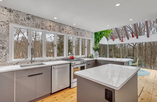Old Lyme House | Luxurious midcentury modern glass house in the woods, chefs kitchen & great art