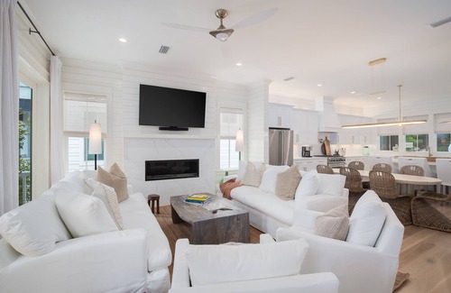 Lakeside at Blue Mountain Beach House | "Over the Moon" 30A Home Golf Cart Elevator Community Pool Blue Mountain Bch