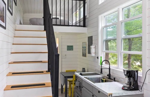 Johnson House | Riverside Tiny House with hot tub near Stowe