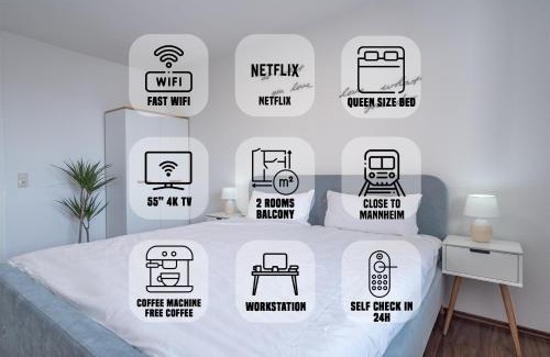 Lampertheim Apartment | Schöne 2 Zimmerwohnung mit UHD-TV, großem Balkon und Hängematte