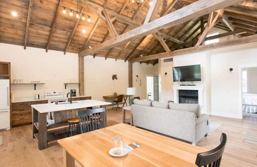 Millersburg Apartment | Unique Rustic Suite with Jacuzzi Tub, Kitchen, Fireplace, and Living Room