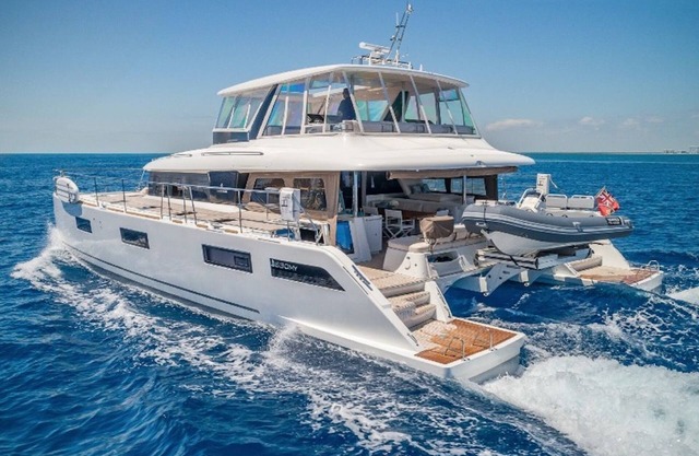 A stunning Lagoon 630 crewed power catamaran available in the Bahamas.