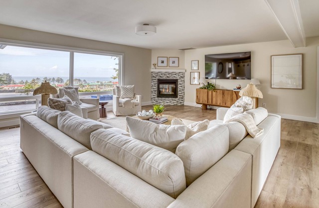 Fabulously Updated Ocean View Home with Sunroom, Game Room, Hot Tub, Fire Pit!