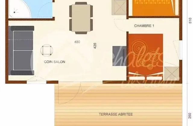 Flower Camping du Lac de la Seigneurie * - Chalet Savania PREMIUM46 34 m2 (2 bedrooms) + covered terrace of 13 m2 + TV + reversible air conditioning 6 people