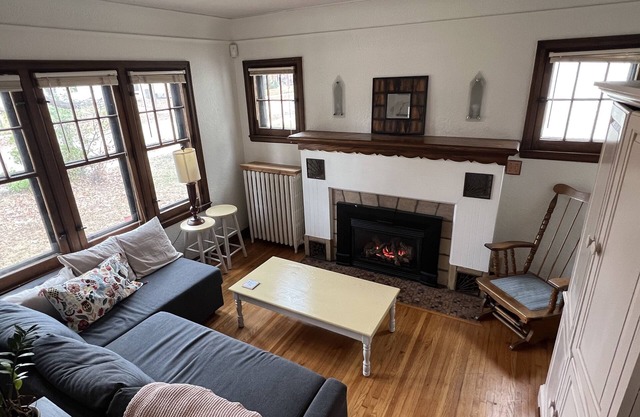 Hygge House: fireplace and garage