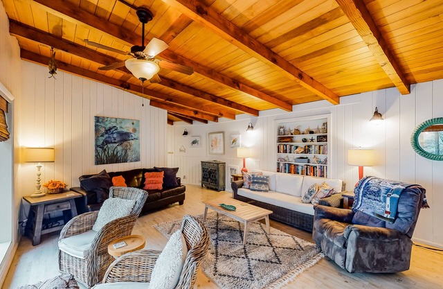 Impeccable oceanview home with private beach access & large deck