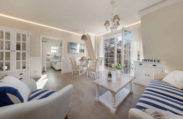 Luxury vacation apartment right by the sea with sauna and fireplace.