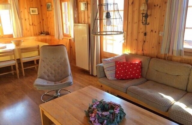 Outside : chalet for 7 persons in the heights of St-Luc , terrace with garden furniture -Interior :