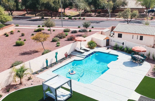 Relax in private heated hot tub or just bask in the sun by the pool.