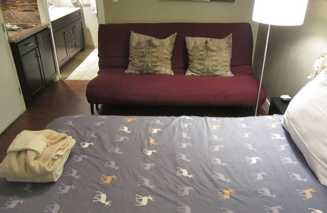 Studio with jetted bathtub, kitchenette, walk to casinos, lake, restaurants