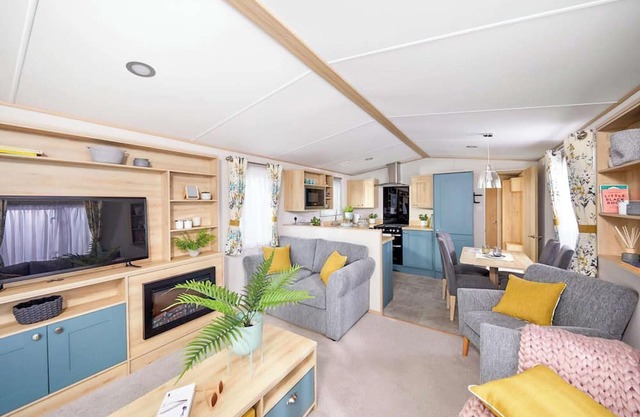 Stylish and modern 12ft-wide caravan with one double and one twin.