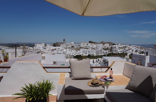 Sunny terrace, great views from comfortable Costa de la Luz home.