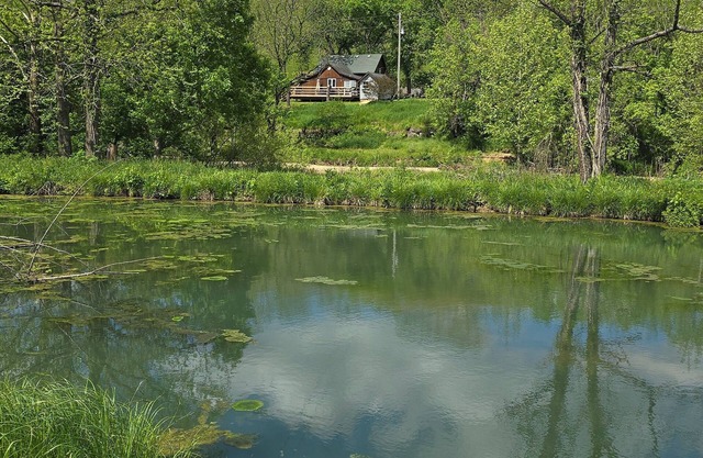 Waterfront cabin w/creek waterfall, pond & 2 decks. Secluded in the Ozark hills.