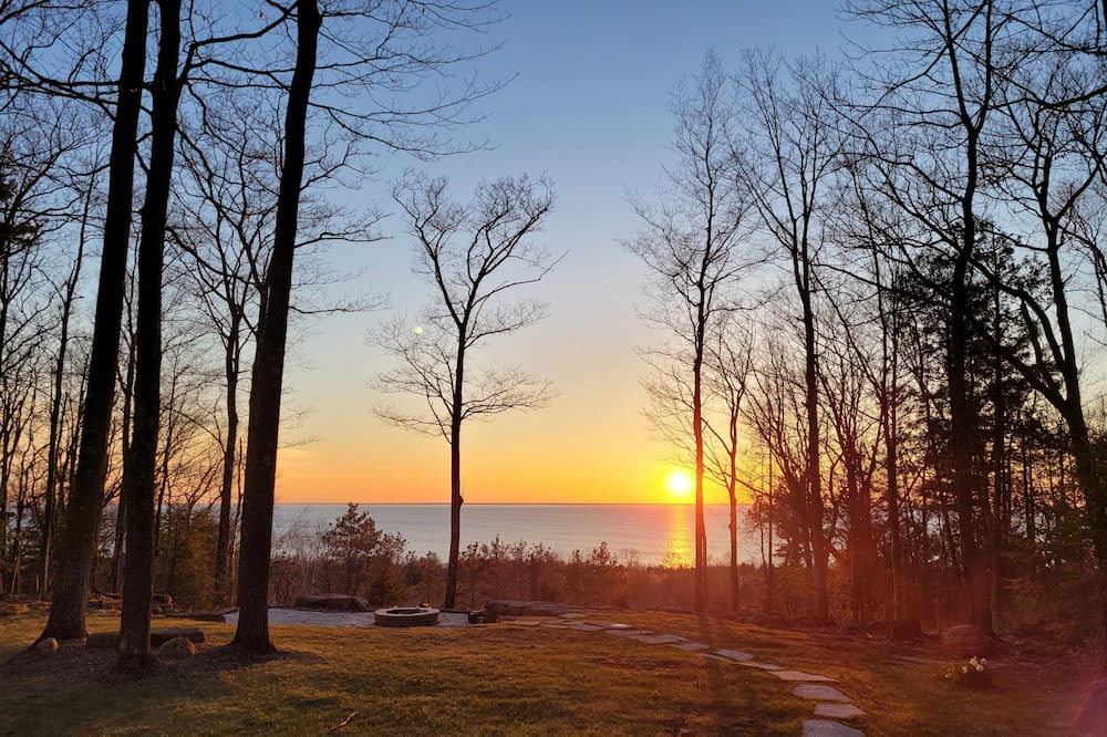 Sturgeon Bay Cabin | Water view on a bluff- Bay side with hot tub
